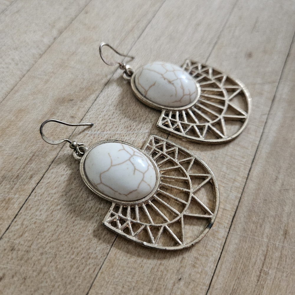 Gold and White Stone Earrings